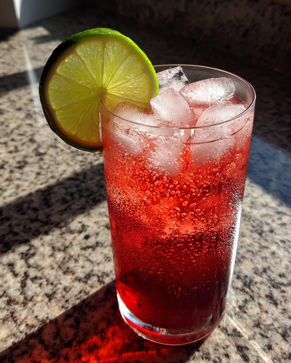 A tall glass filled with a bright red, fizzy Easy Valentines Day Mocktail, ice cubes, and garnished with a fresh lime wheel.
