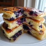 Close-up of a stack of Fluffy Blueberry Pancakes cut in half, showing the light interior and bursting blueberries.