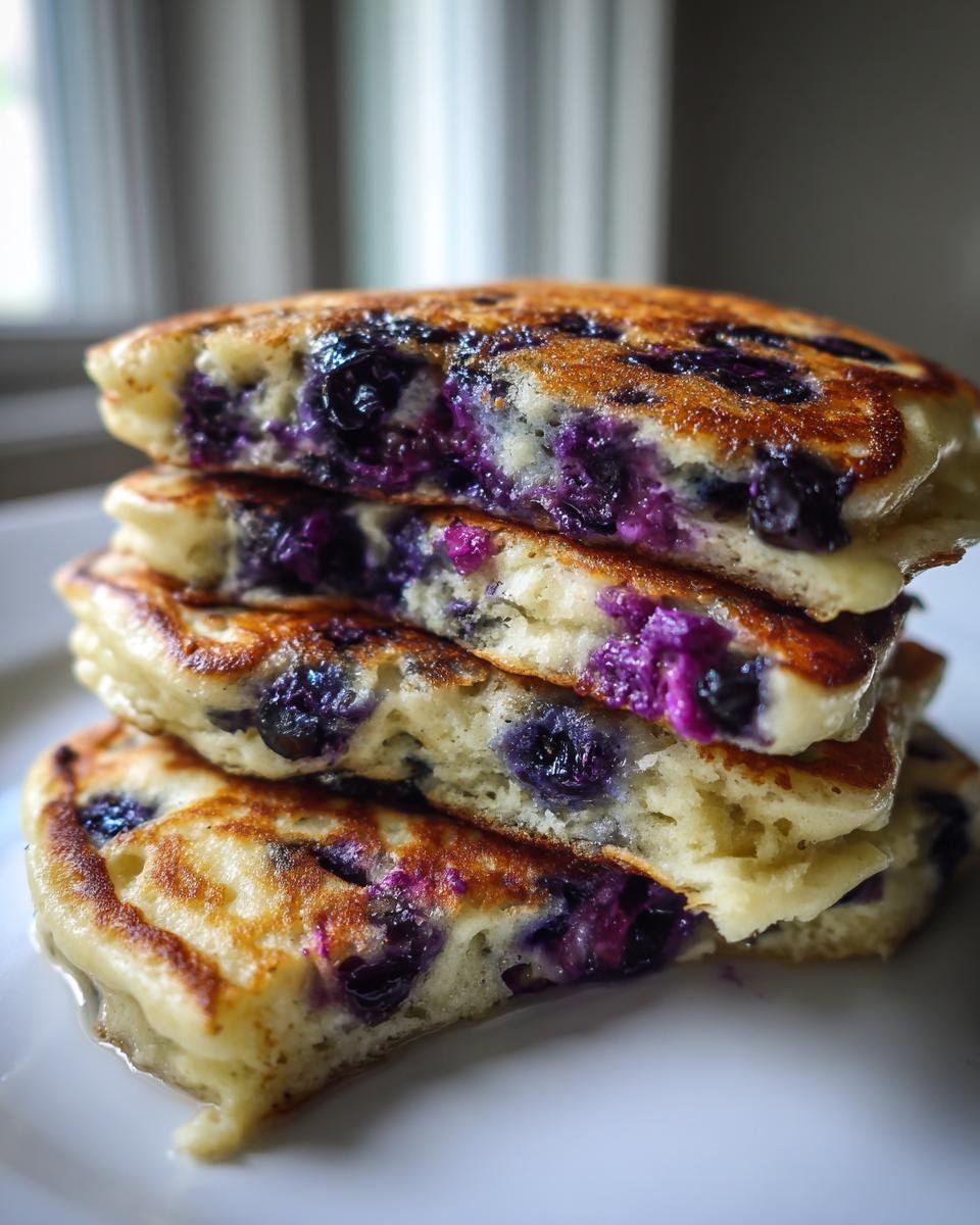 Close-up of four fluffy blueberry pancakes cut in half, showing the moist interior and burst blueberries.