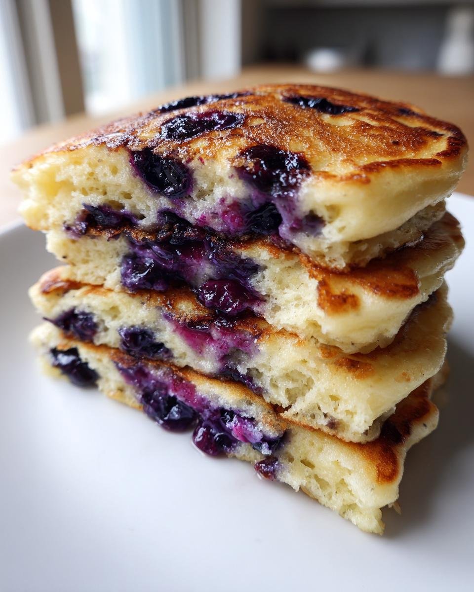 Close-up of a stack of three fluffy blueberry pancakes showing the light interior and burst blueberries.