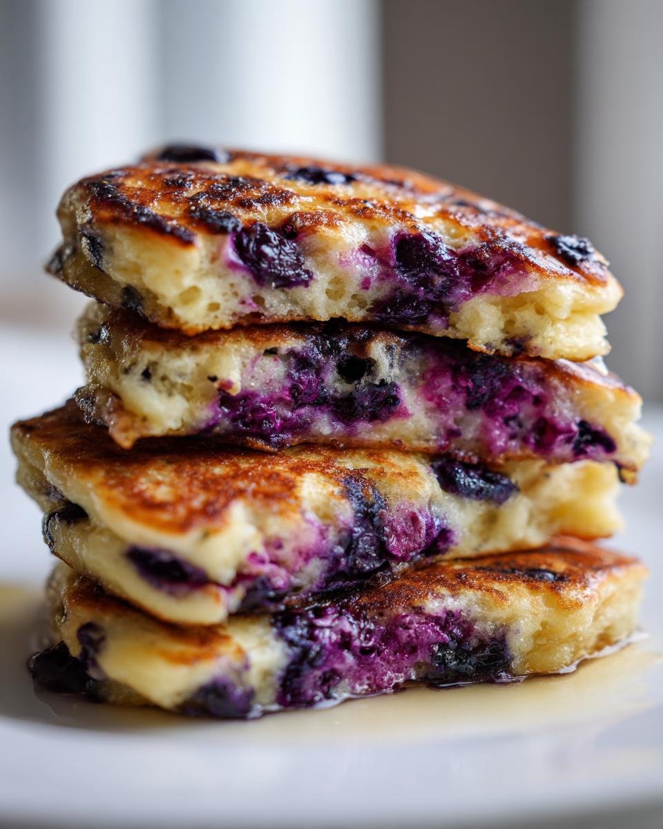Close-up of a stack of four Fluffy Blueberry Pancakes cut in half, showing the moist interior filled with burst blueberries.