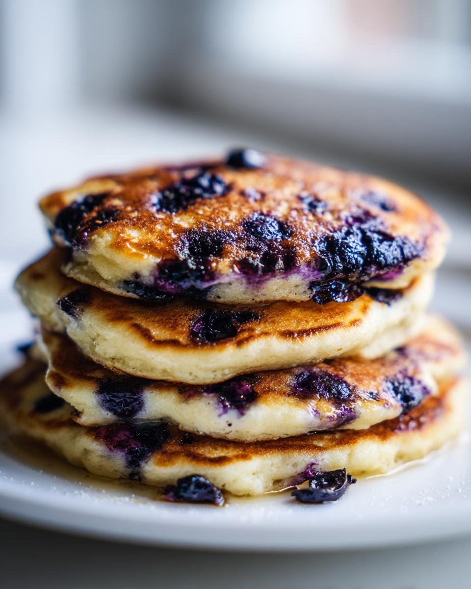 A close-up stack of three golden-brown Fluffy Blueberry Pancakes drizzled with syrup on a white plate.