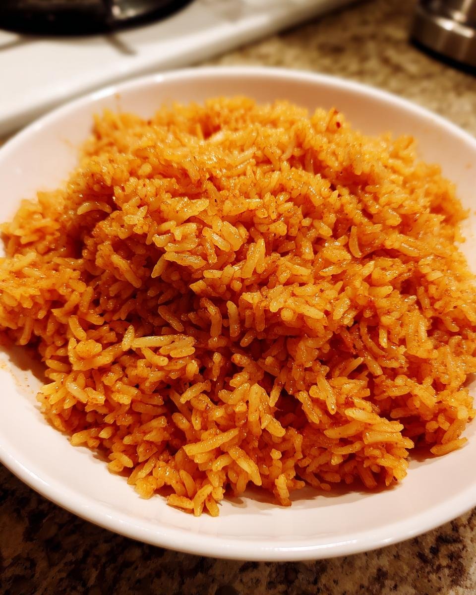 A close-up of a white bowl filled with perfectly cooked, vibrant orange Spanish Rice.