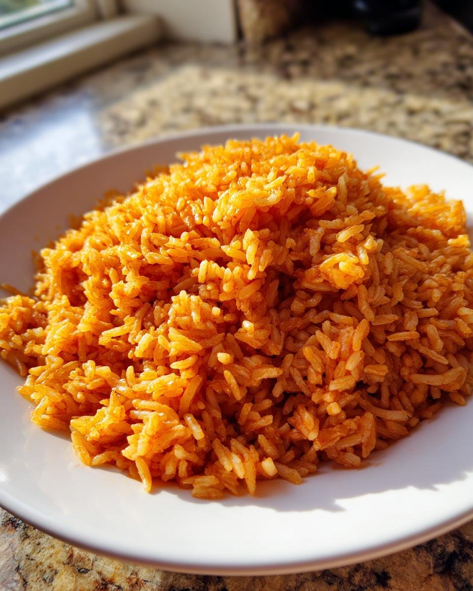 A close-up of perfectly cooked, fluffy Spanish Rice piled high on a white plate, showing its vibrant orange color.