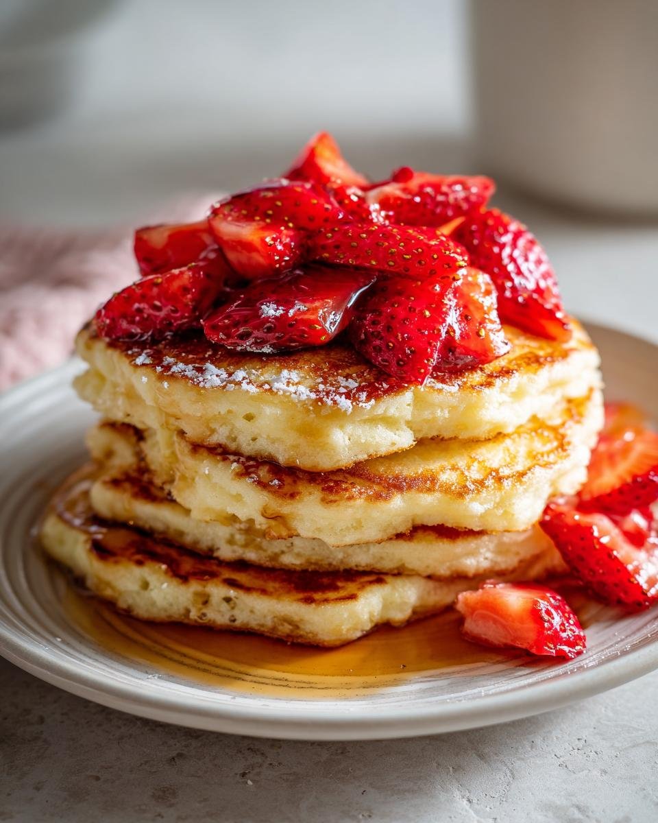 A tall stack of fluffy Strawberry Pancakes topped with macerated strawberries and powdered sugar, drizzled with syrup.