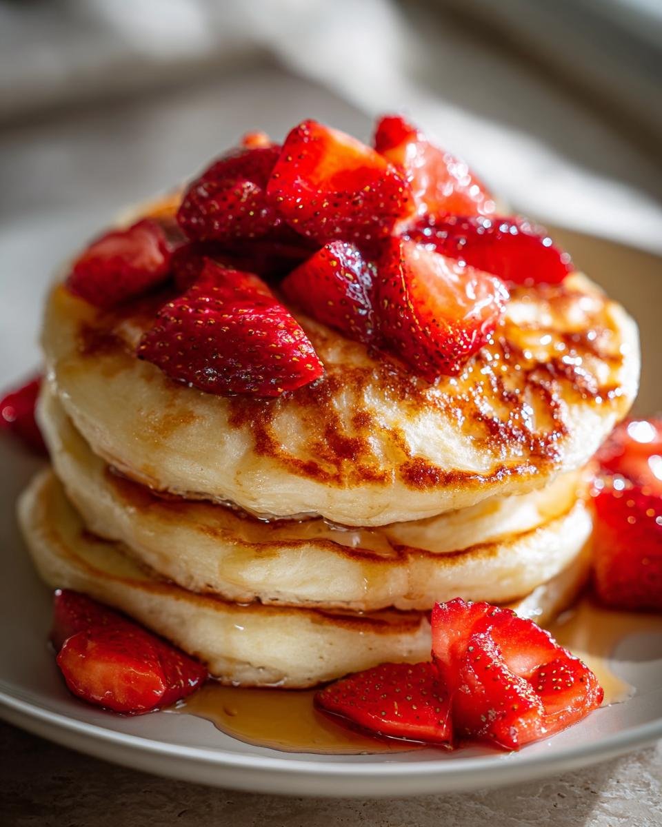 Close-up of a tall stack of fluffy Strawberry Pancakes topped with sliced fresh strawberries and drizzled with syrup.