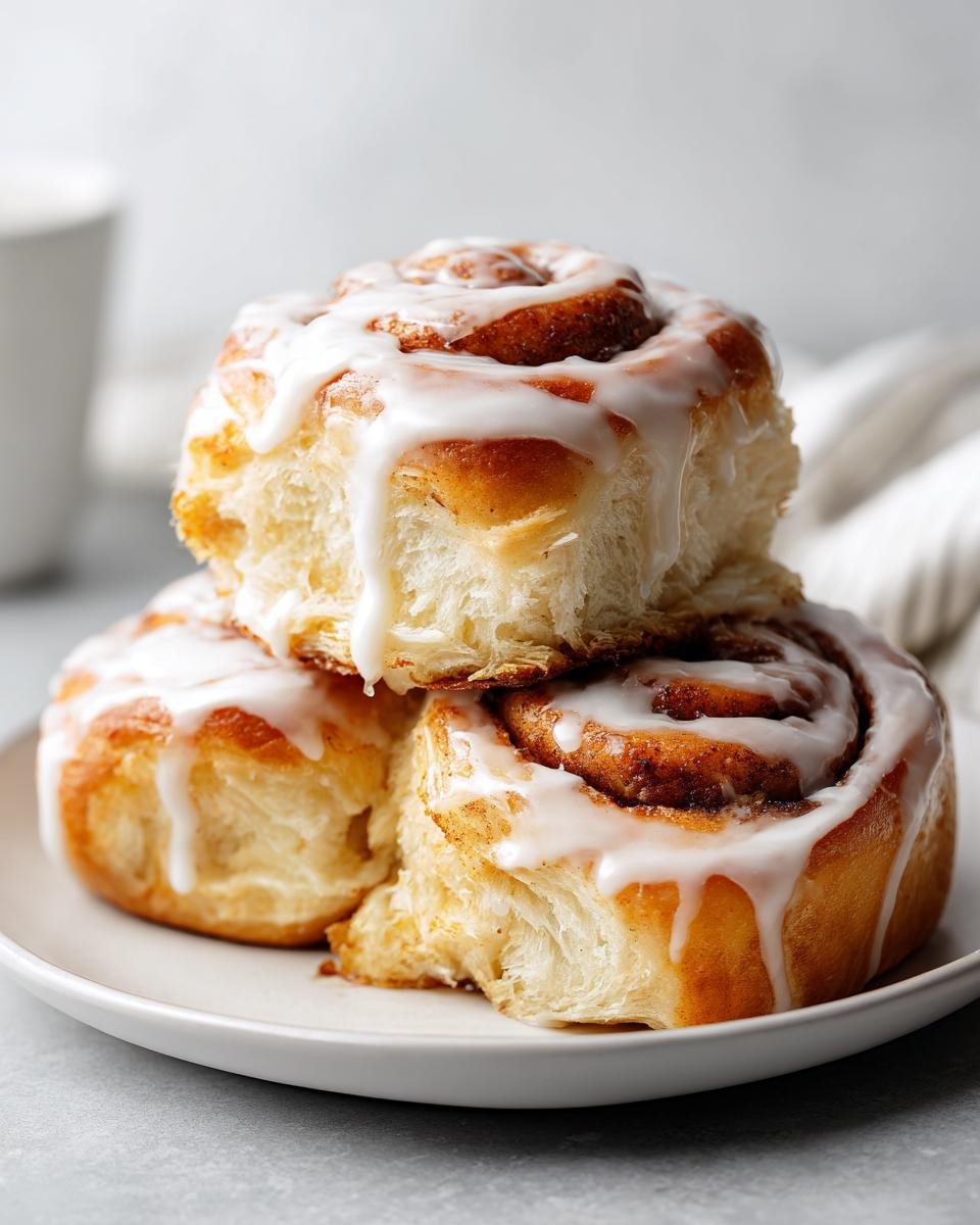 A stack of three fluffy Tiktok Cinnamon Rolls generously drizzled with white cream cheese icing on a small white plate.