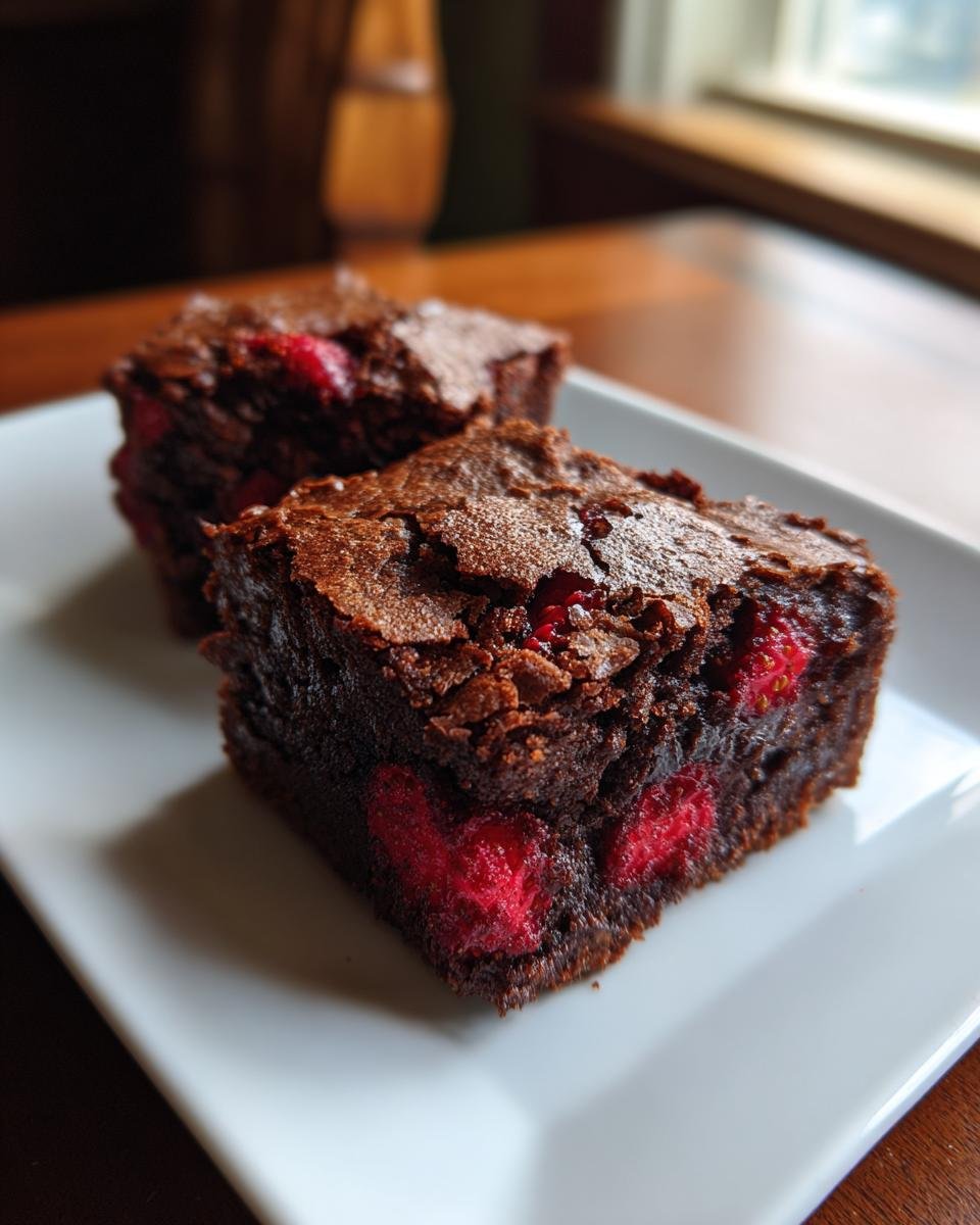 Two fudgy Strawberry Brownies with bright red fruit pieces visible on a white plate.