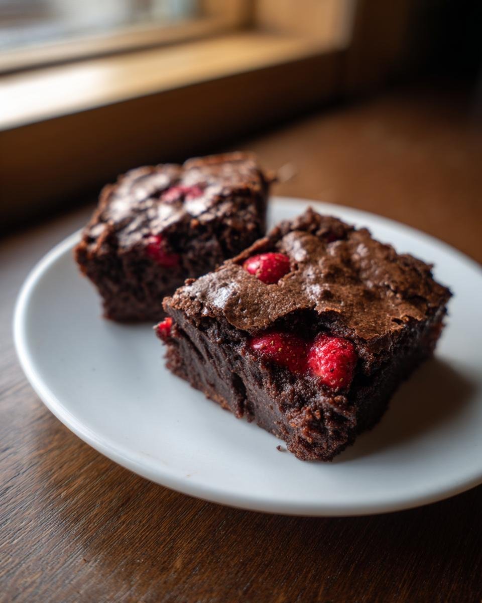 Two fudgy Strawberry Brownies with visible strawberry pieces served on a white plate.