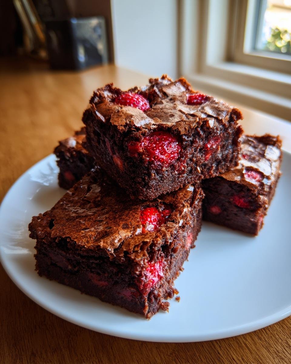 A stack of four fudgy Strawberry Brownies with visible chunks of bright red strawberries baked inside.