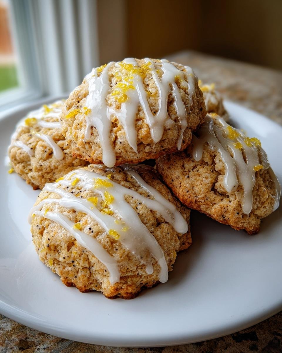 A stack of freshly baked Lemon Poppy Seed Cookies drizzled with white glaze and topped with lemon zest.