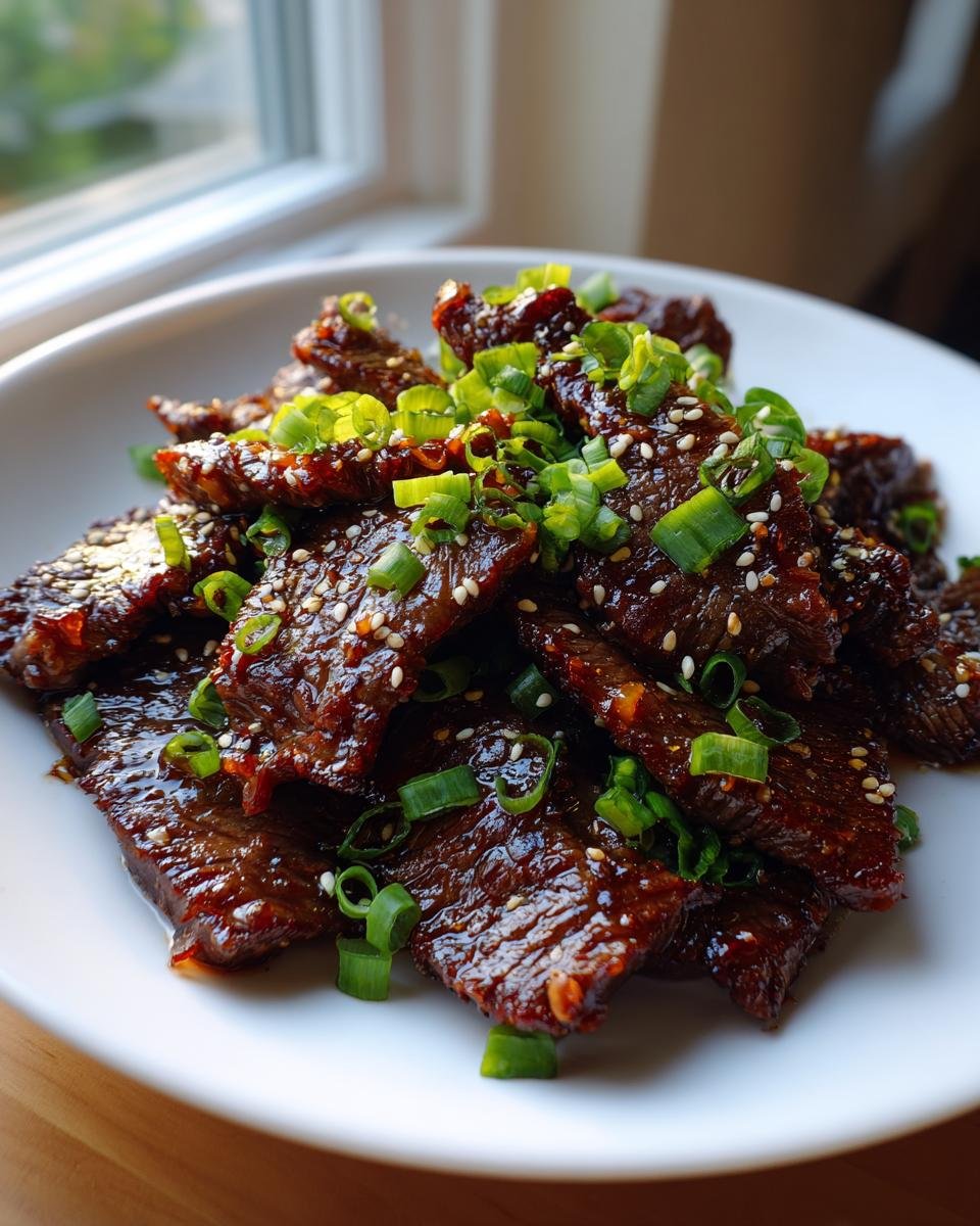 Close-up of glossy, glazed Beef Teriyaki slices topped with chopped green onions and sesame seeds.