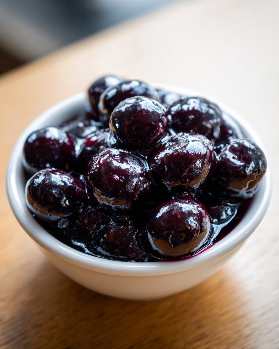 Close-up of whole blueberries glistening in syrup, served as Blueberry Compote in a small white bowl.