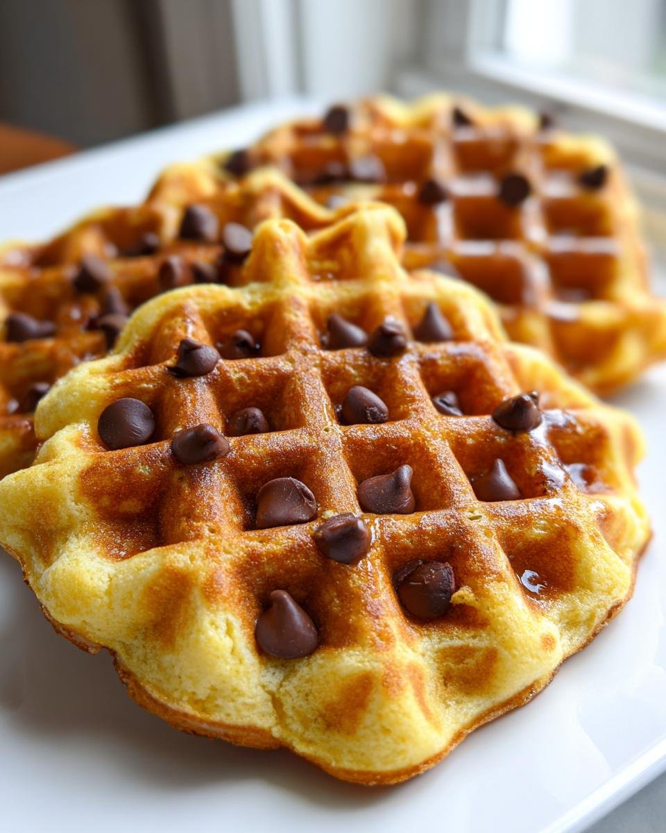 Close-up of golden brown Chocolate Chip Waffles topped with melted chocolate chips on a white plate.