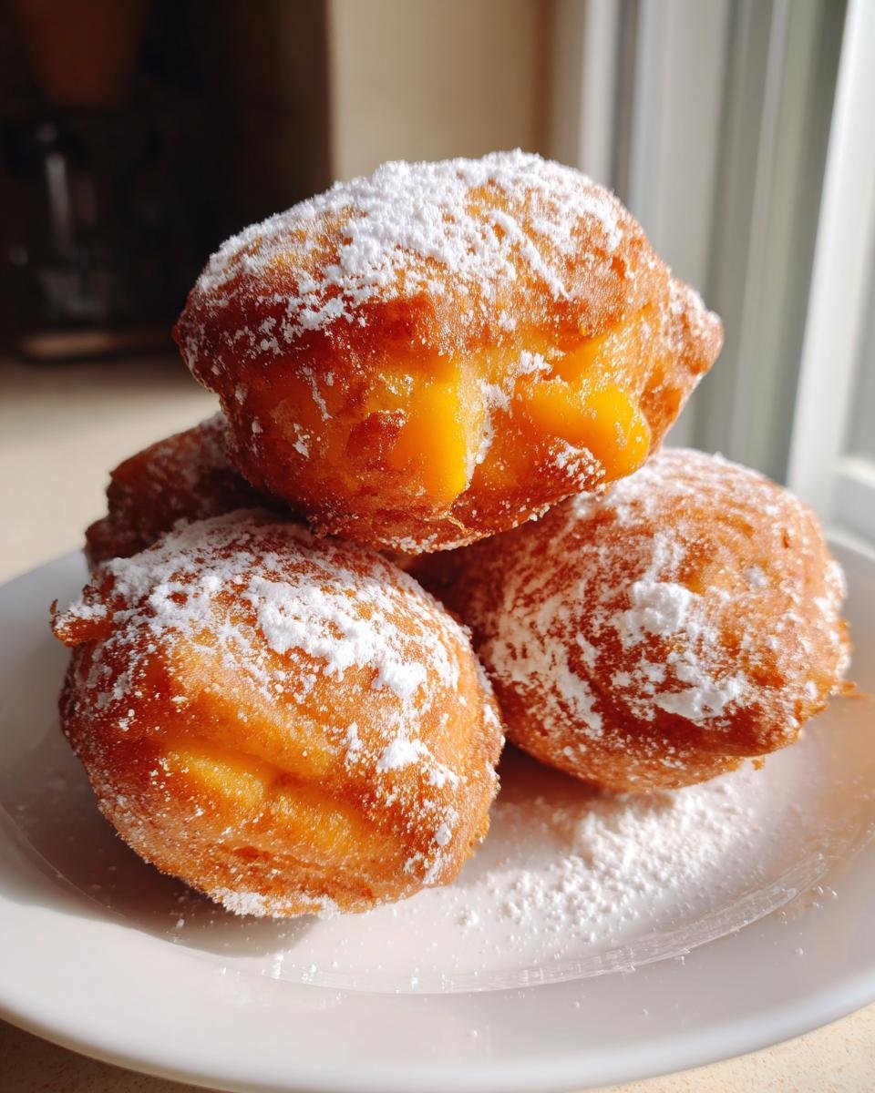 A stack of four golden brown Peach Fritters generously dusted with white powdered sugar on a white plate.