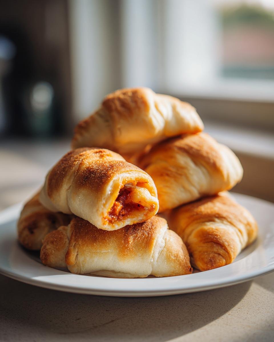 A stack of freshly baked, golden brown pizza appetizers made with crescent dough, showing a savory red filling inside one roll.