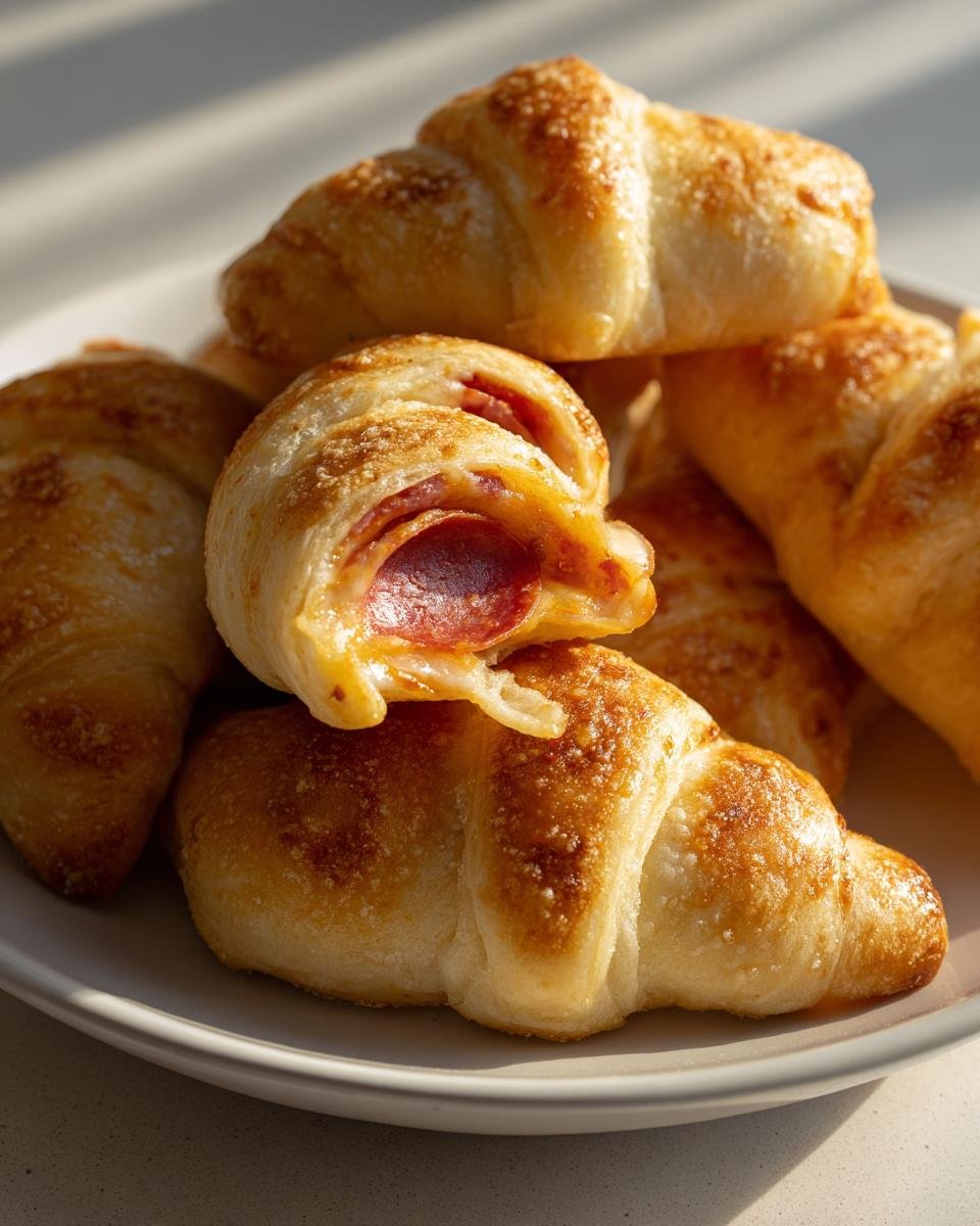 Close-up of golden baked pizza appetizers made with crescent dough, showing melted cheese and pepperoni inside one broken piece.