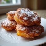 A stack of four golden brown, deep-fried Peach Fritters dusted heavily with powdered sugar on a white plate.