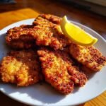 Several pieces of perfectly golden brown Wiener Schnitzel piled on a white plate, garnished with a bright lemon wedge.