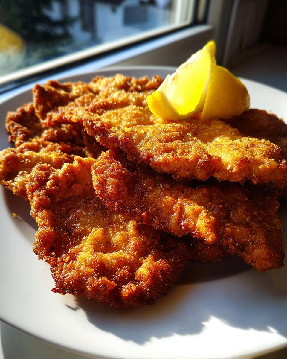 A stack of golden-brown, crispy Wiener Schnitzel served on a white plate with a wedge of fresh lemon.