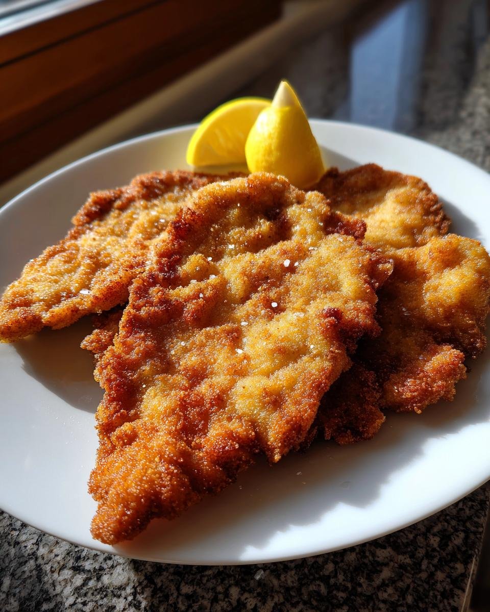Three pieces of perfectly fried Wiener Schnitzel, golden brown and sprinkled with salt, served with lemon wedges.