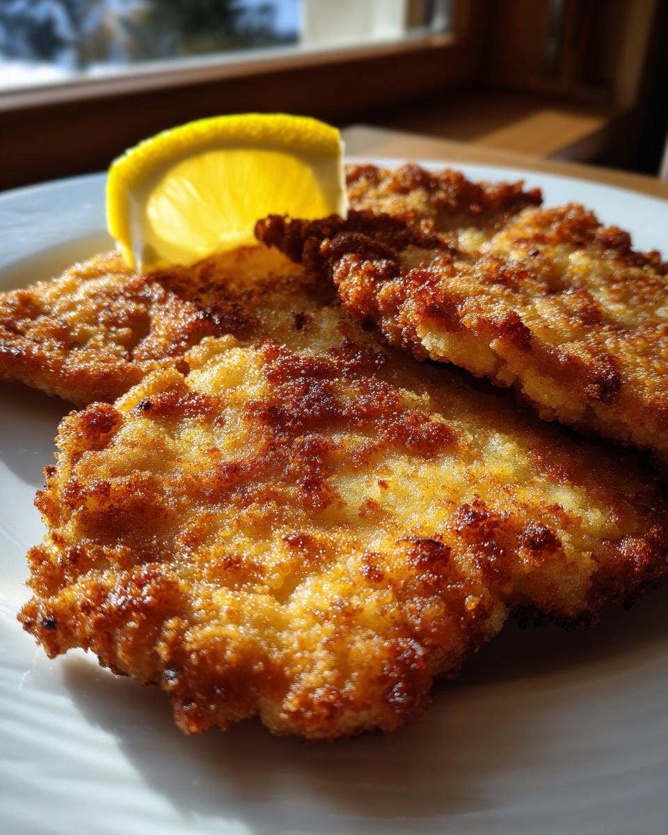 Close-up of several crispy, golden brown Wiener Schnitzel pieces served on a white plate with a lemon wedge.