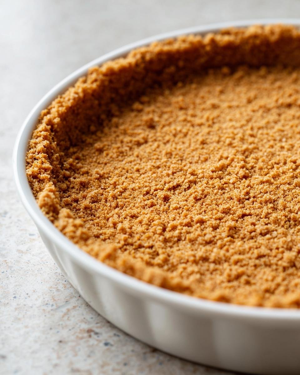 Close-up of a perfectly pressed graham cracker desserts base filling a white pie dish.