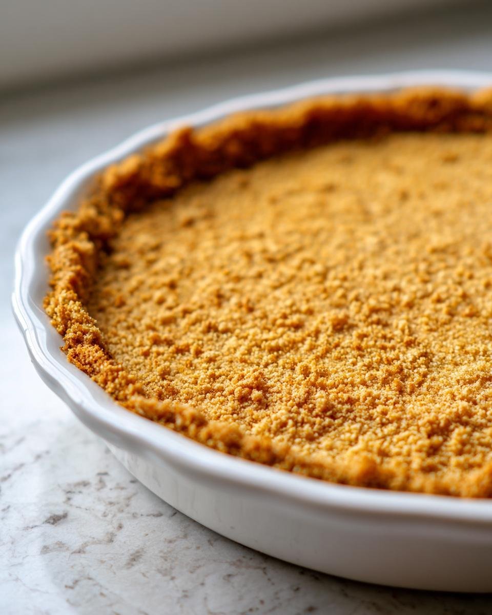 Close-up of a golden brown, crumbly graham cracker desserts base pressed into a white ceramic pie dish.