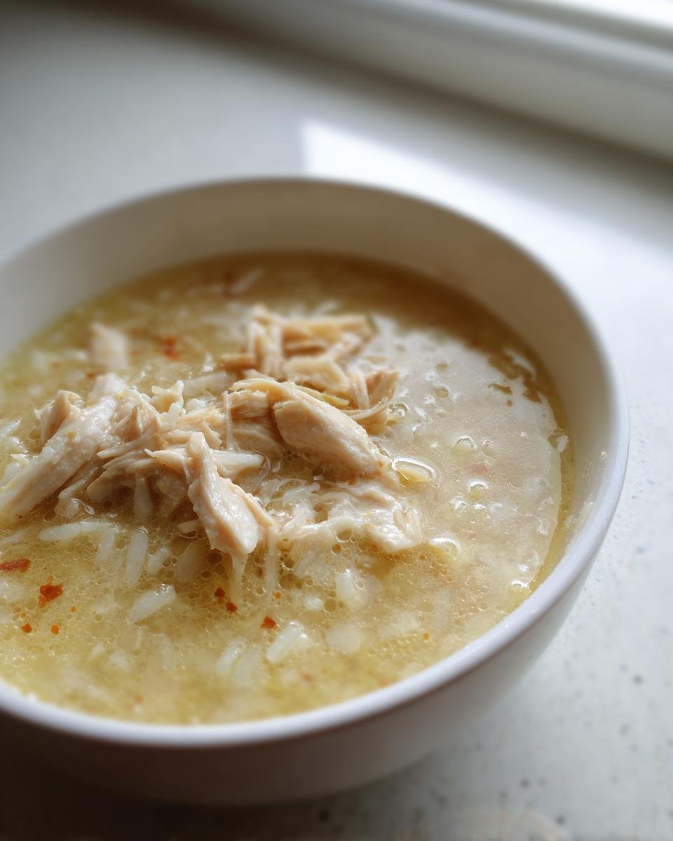 Close-up of a white bowl filled with creamy Greek Lemon Chicken Soup, topped with shredded chicken and rice.