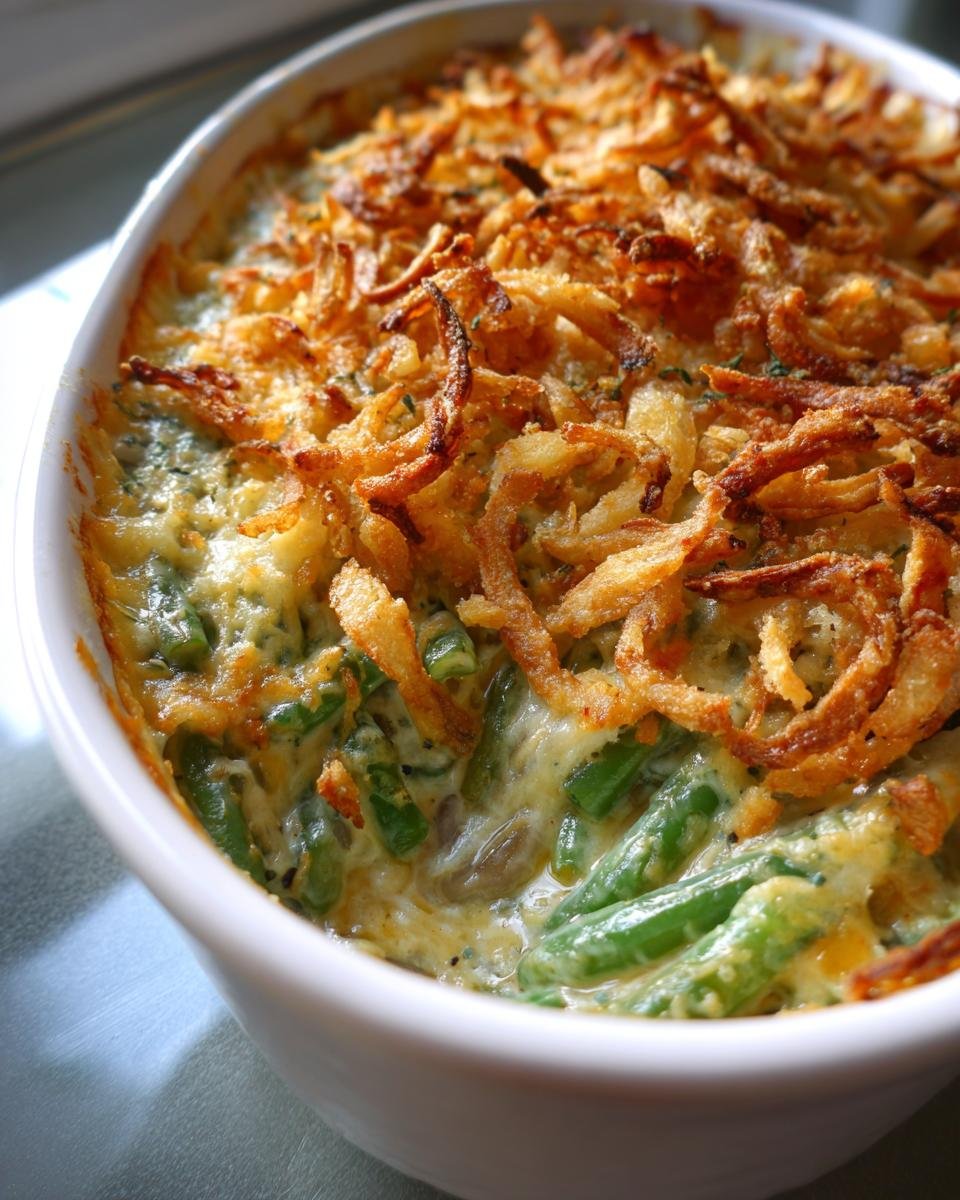 Close-up of a creamy green bean casserole topped with crispy fried onions, a popular Thanksgiving Casseroles dish.