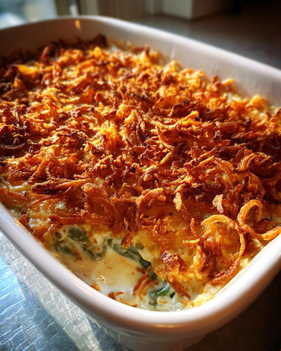 Close-up of a creamy green bean Thanksgiving Casseroles topped with golden, crispy fried onions.