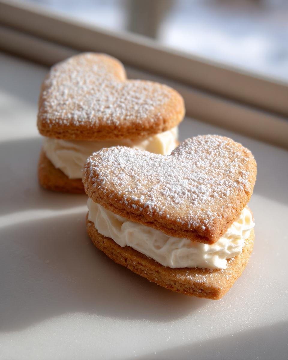 Two heart-shaped Valentines Day Sandwich Cookies filled with white cream and dusted with powdered sugar.