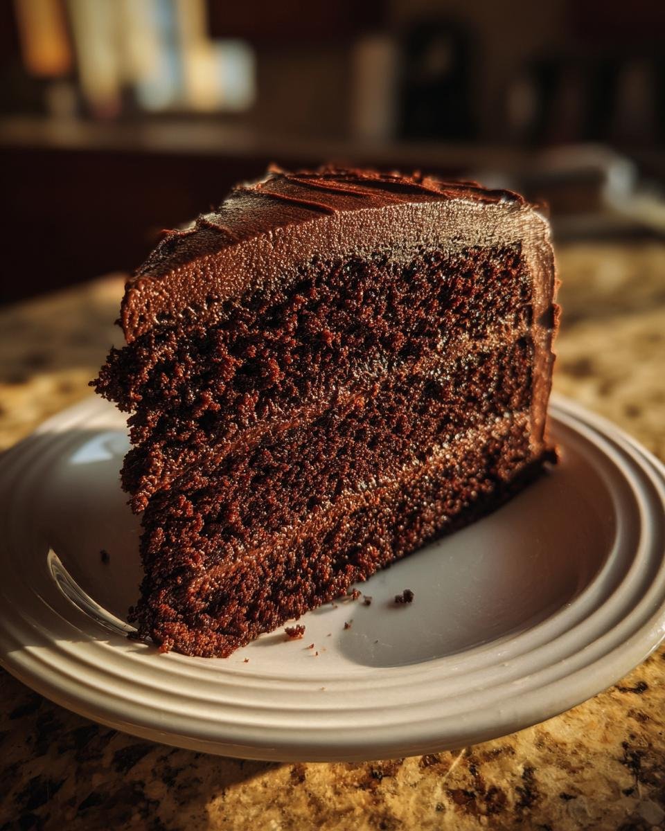 A decadent slice of dark chocolate Holy Cow Cake with thick frosting, served on a white plate.