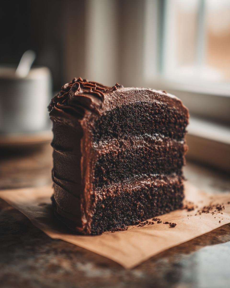 A decadent slice of three-layer chocolate Holy Cow Cake covered in thick chocolate frosting.
