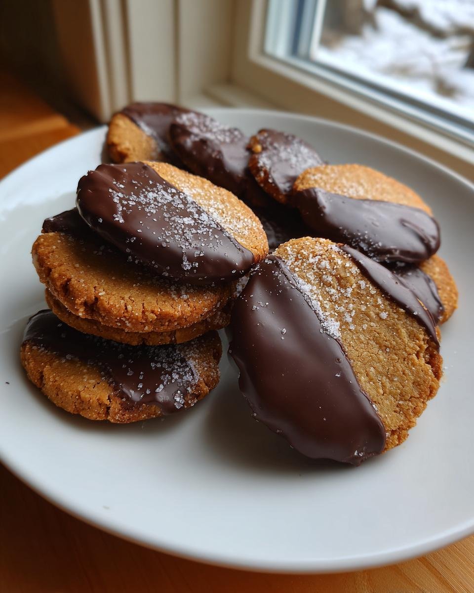A stack of Homemade Tagalong Cookies, featuring peanut butter centers dipped in dark chocolate and sprinkled with sugar.