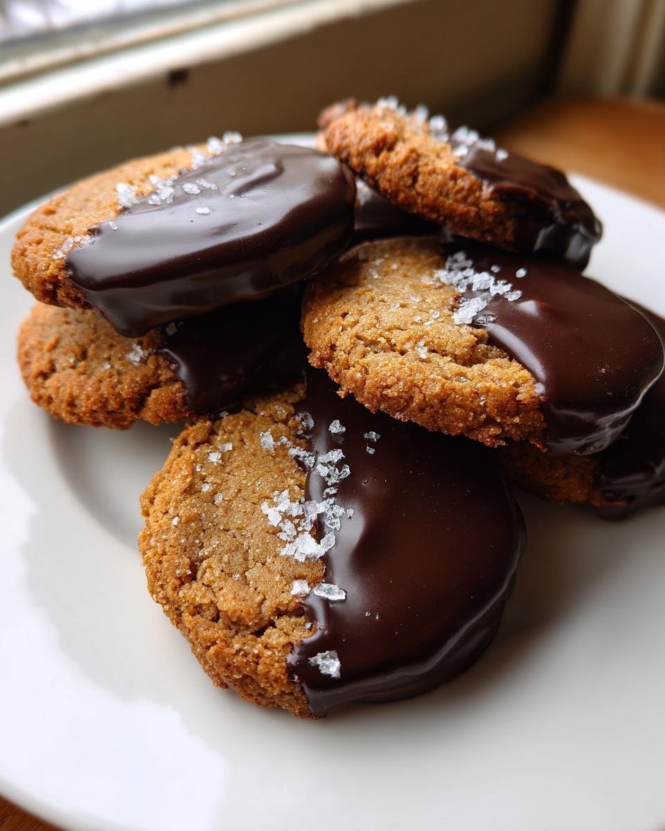 A stack of Homemade Tagalong Cookies dipped in dark chocolate and sprinkled with flaky sea salt.
