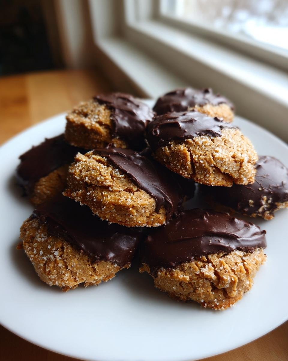 A stack of freshly baked Homemade Tagalong Cookies, featuring a peanut butter base rolled in sugar and partially dipped in rich dark chocolate.