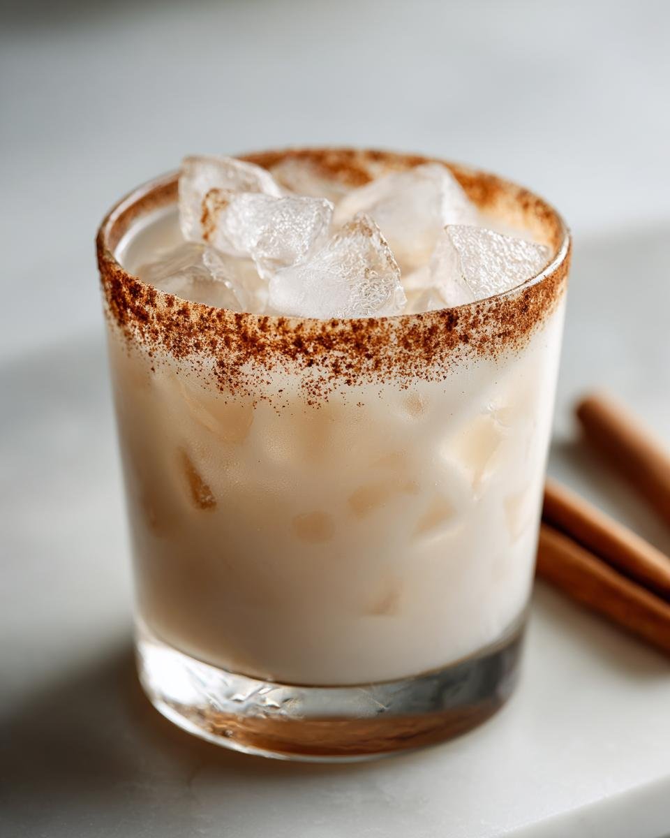 Close-up of an iced RumChata drink with a thick cinnamon sugar rim and cinnamon sticks nearby.