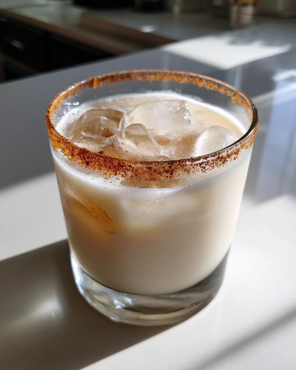 Close-up of a creamy, iced RumChata drink featuring a distinct cinnamon sugar rim.