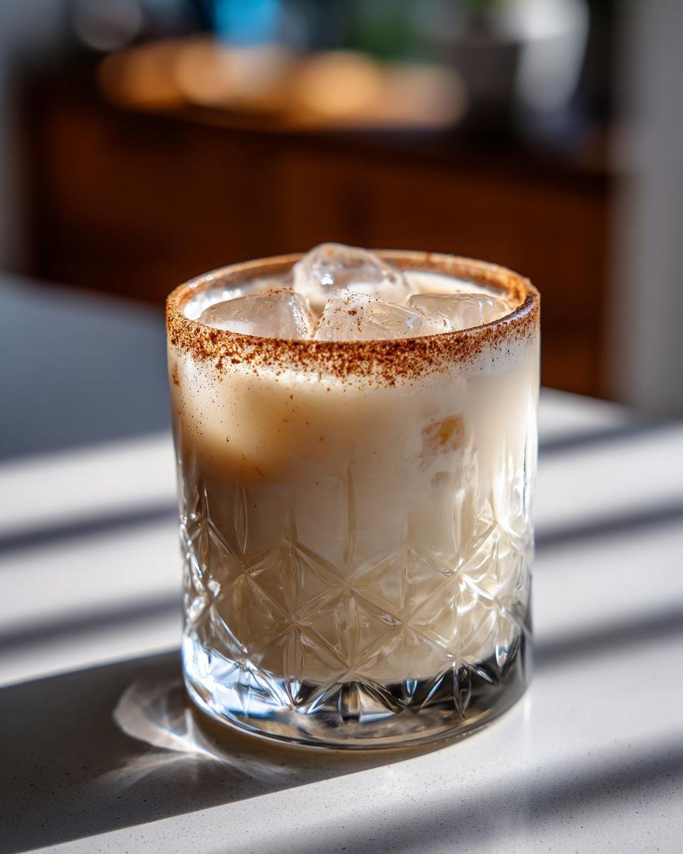 Close-up of a creamy, iced RumChata drink with a cinnamon sugar rim in a textured glass.