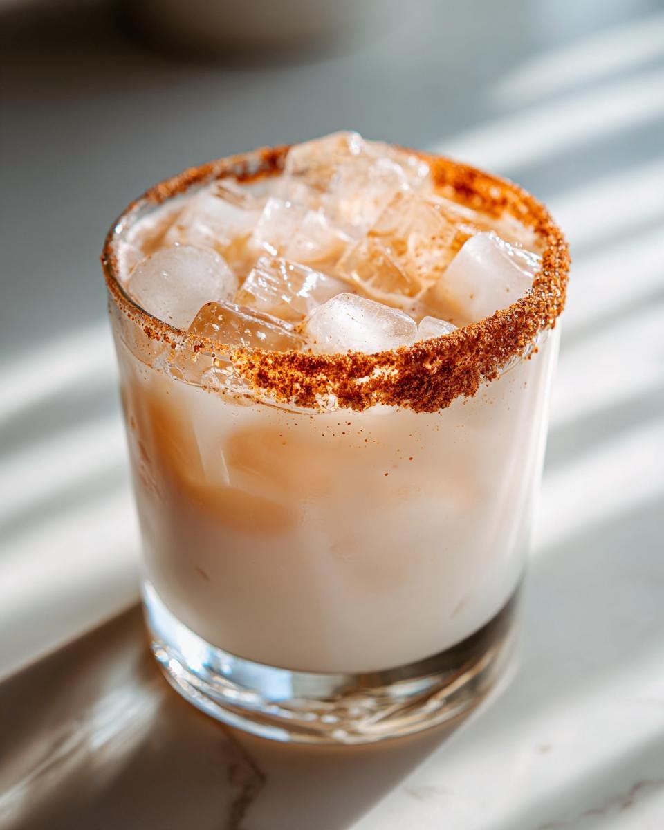Close-up of an iced RumChata drink in a glass with a thick cinnamon sugar rim.