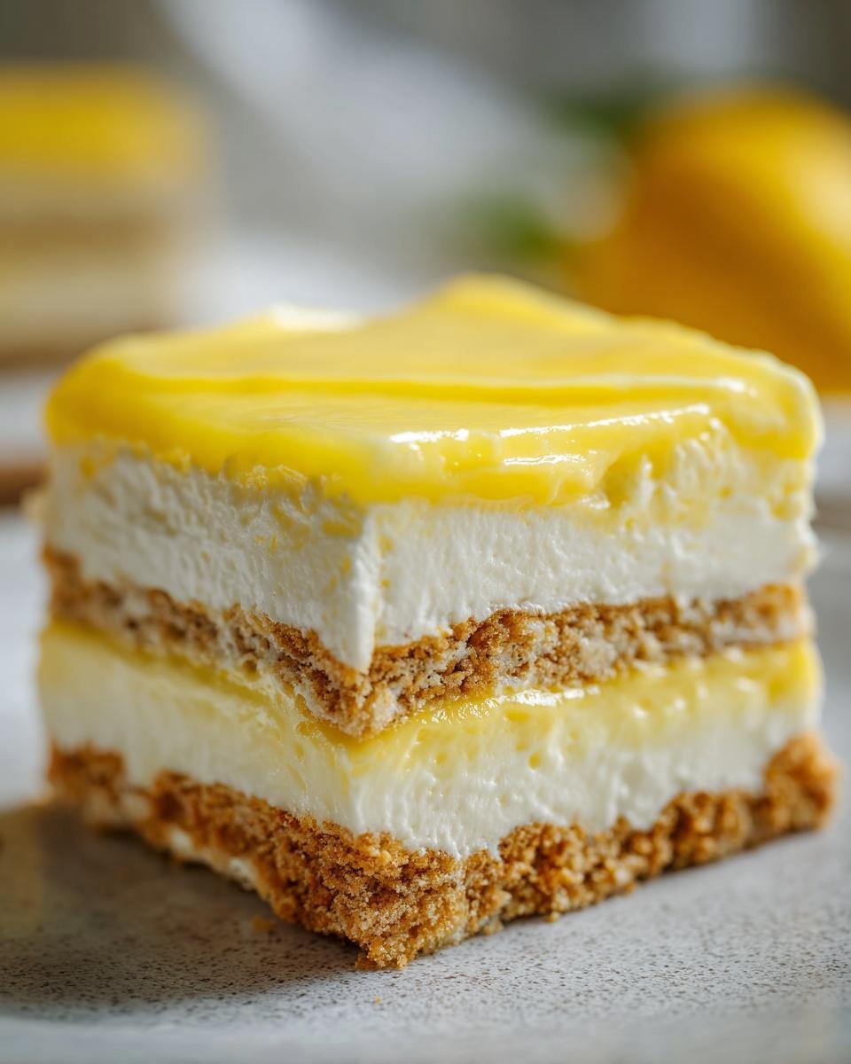 Close-up of a layered slice of Lemon Icebox Cake showing graham cracker crust, creamy filling, and bright yellow lemon topping.