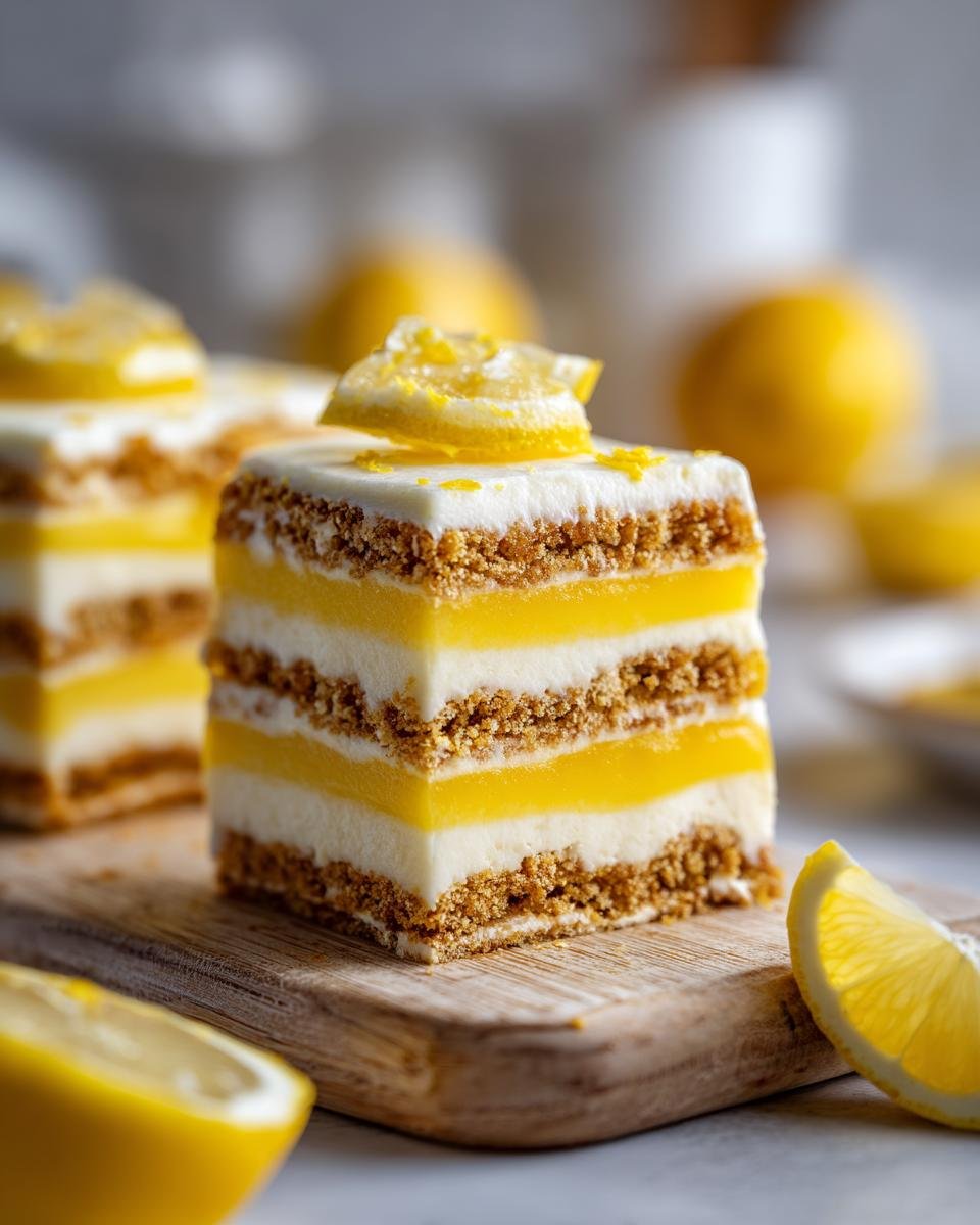 Close-up of a square slice of Lemon Icebox Cake showing layers of graham cracker crust, white cream, and bright yellow lemon filling.