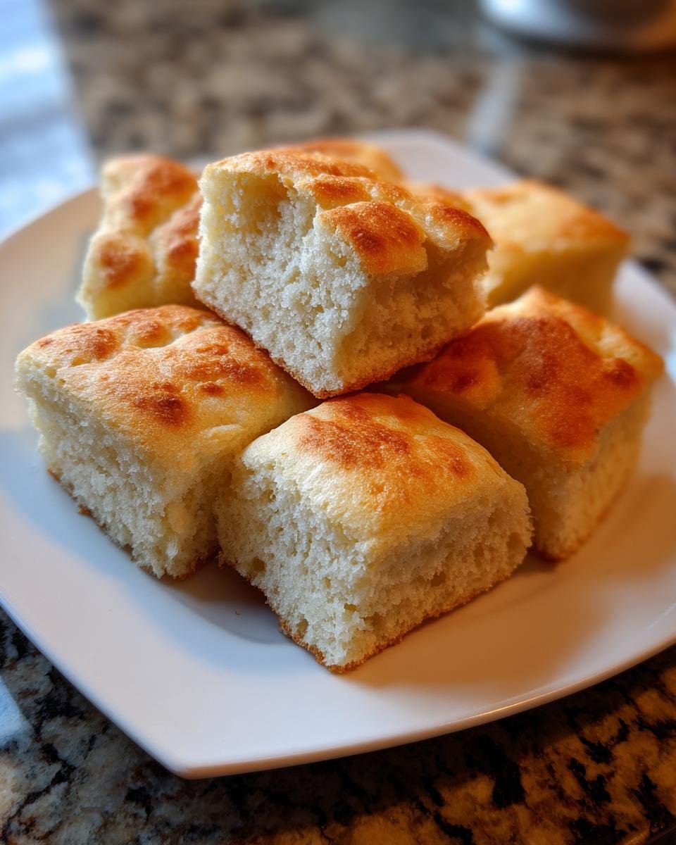 Close-up of several square pieces of golden-topped Lembas Bread From Lord Of The Rings stacked on a white plate.