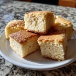 Five golden-brown squares of homemade Lembas Bread From Lord Of The Rings stacked on a white plate.
