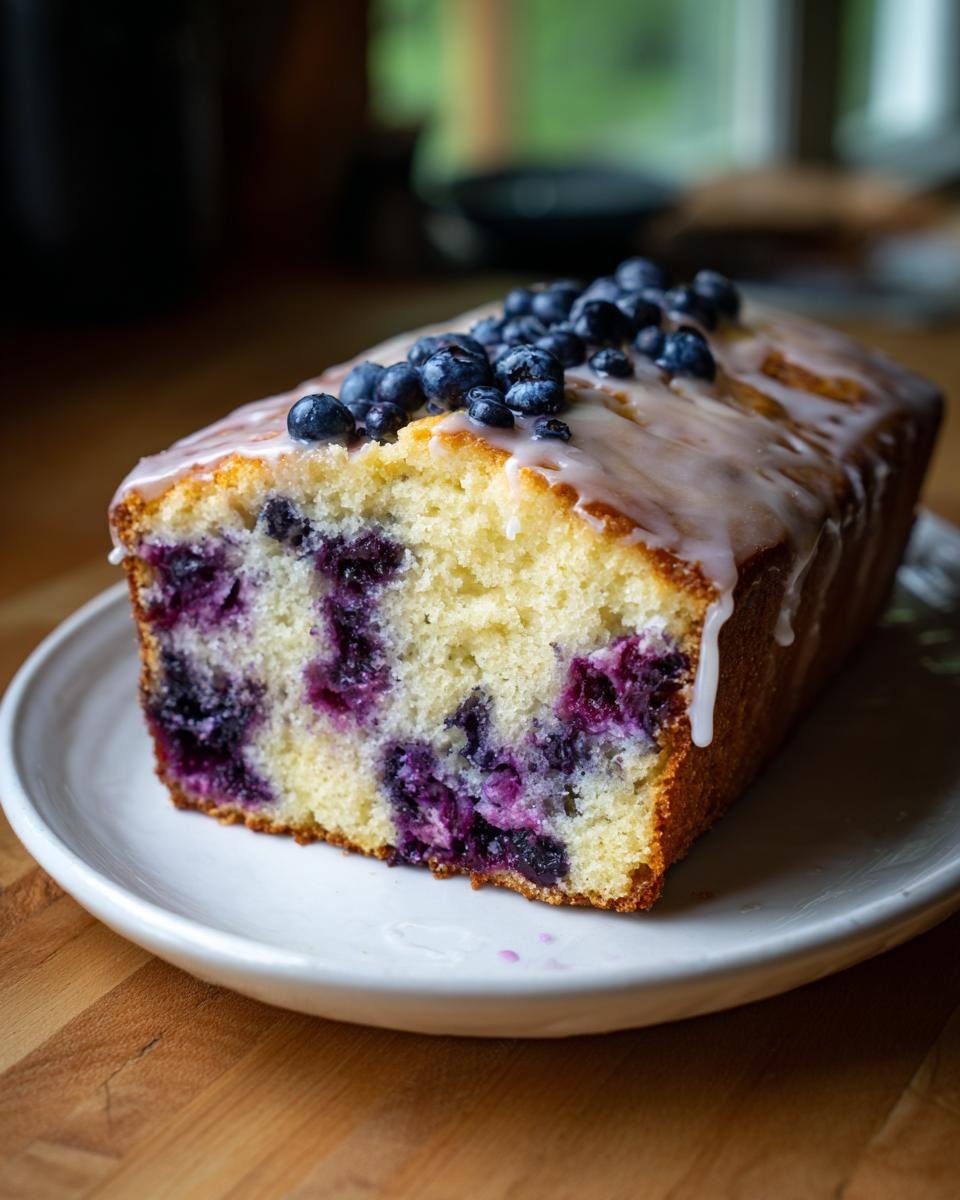 A slice of rich Lemon Blueberry Pound Cake topped with white glaze and fresh blueberries.