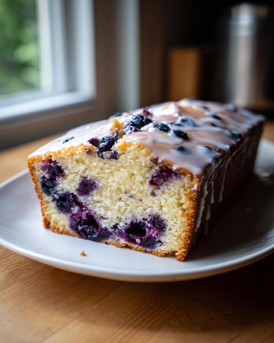 A freshly baked Lemon Blueberry Pound Cake loaf with a bright lemon glaze and visible blueberries, sitting on a white plate.