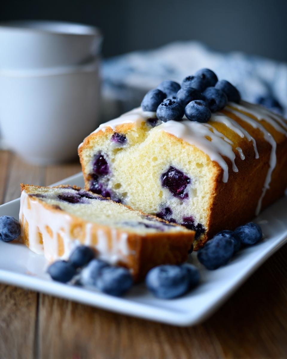 A sliced Lemon Blueberry Pound Cake drizzled with white glaze and topped with fresh blueberries.