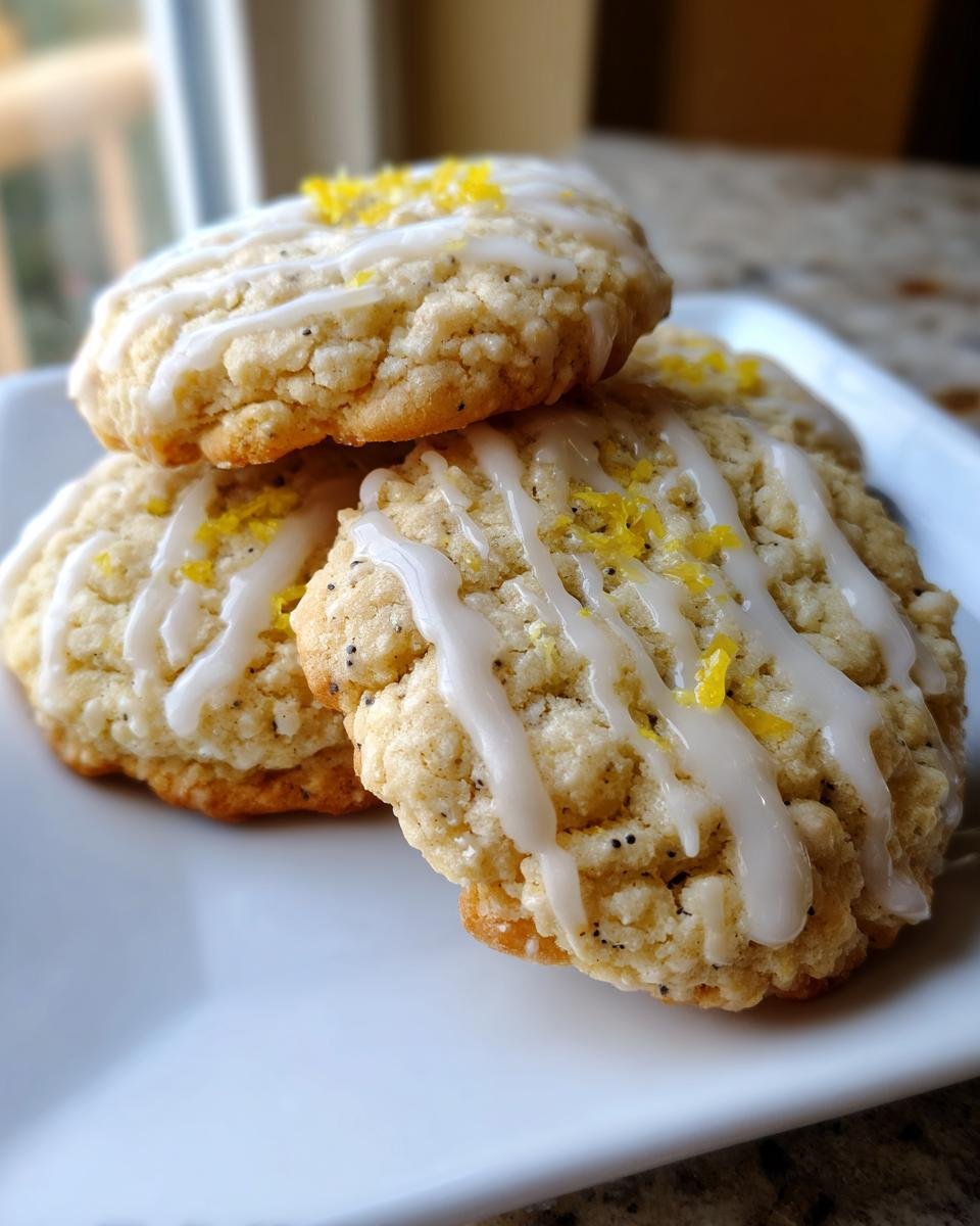 Close-up of stacked Lemon Poppy Seed Cookies drizzled with white glaze and topped with bright yellow lemon zest.