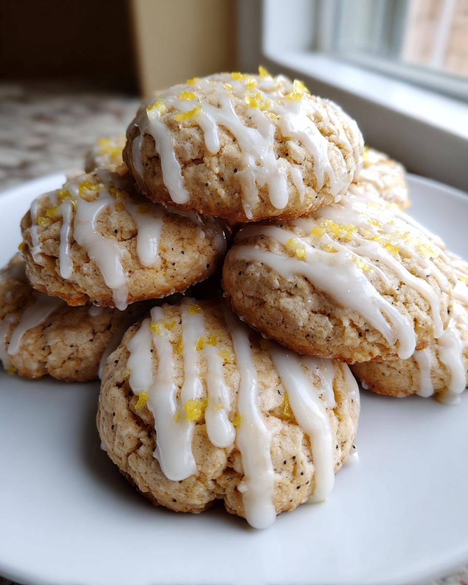 A stack of soft Lemon Poppy Seed Cookies drizzled with white glaze and topped with lemon zest.